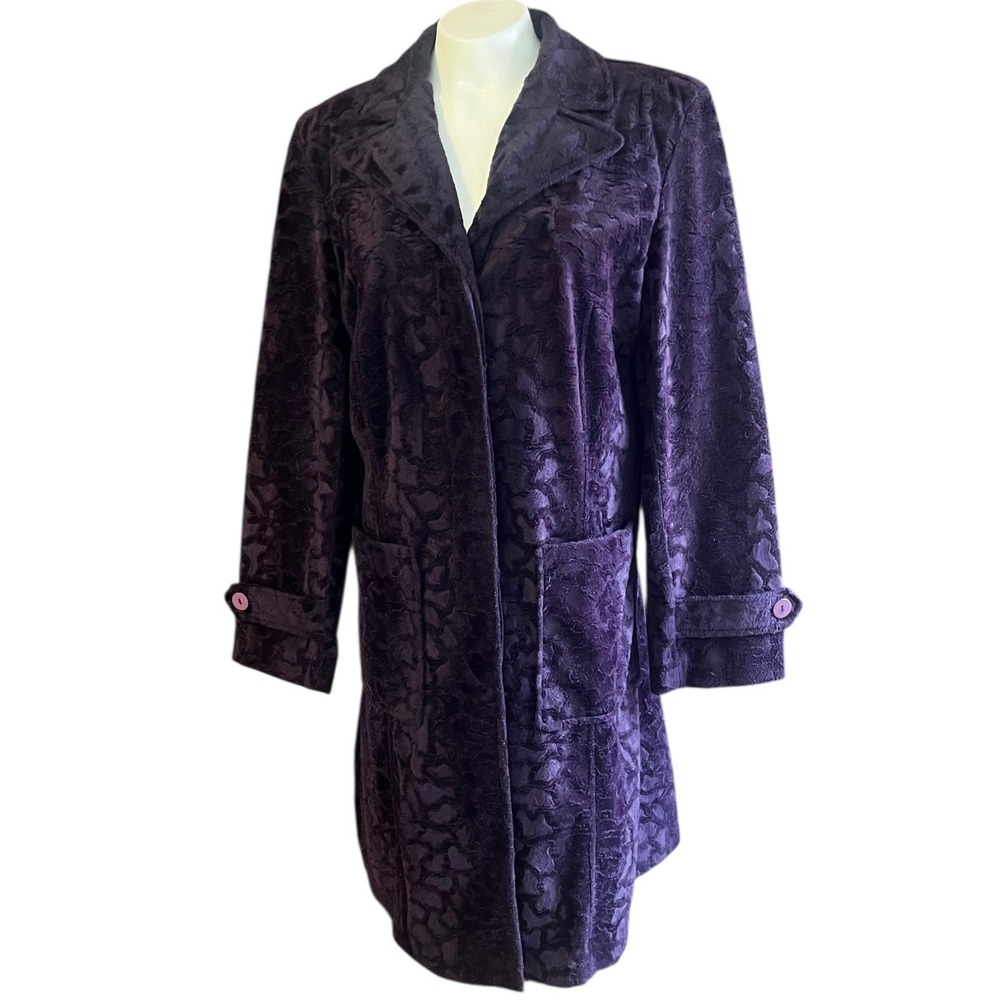 Mulberry Street‎ Velvet Burnout Animal Print Duster Coat Women M Purple